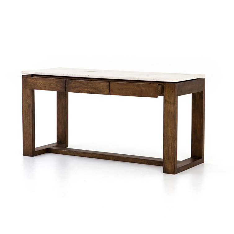 Brown Acacia and White Marble Kitchen Island with Drawers