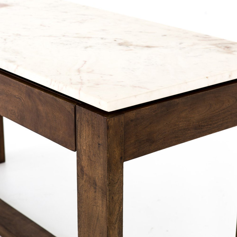 Brown Acacia and White Marble Kitchen Island with Drawers