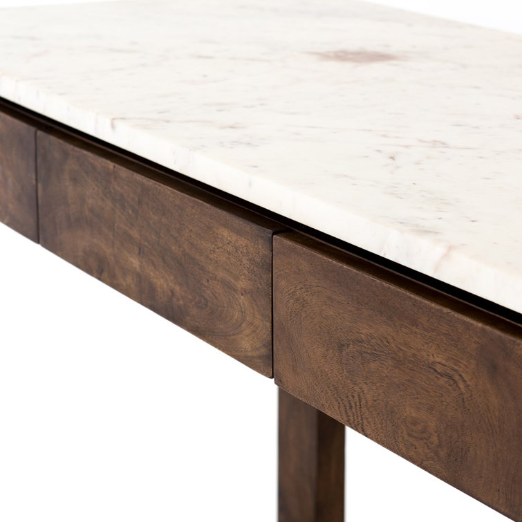 Brown Acacia and White Marble Kitchen Island with Drawers