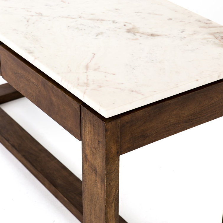 Brown Acacia and White Marble Kitchen Island with Drawers