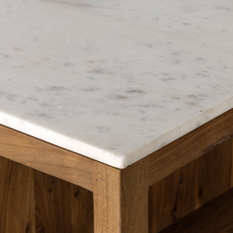 Smoked Acacia and White Marble Kitchen Island with Shelves