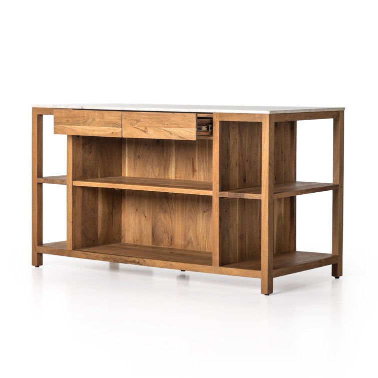 Smoked Acacia and White Marble Kitchen Island with Shelves