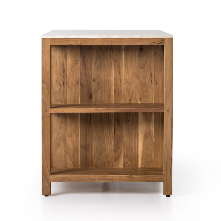 Smoked Acacia and White Marble Kitchen Island with Shelves