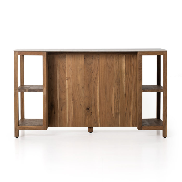 Smoked Acacia and White Marble Kitchen Island with Shelves