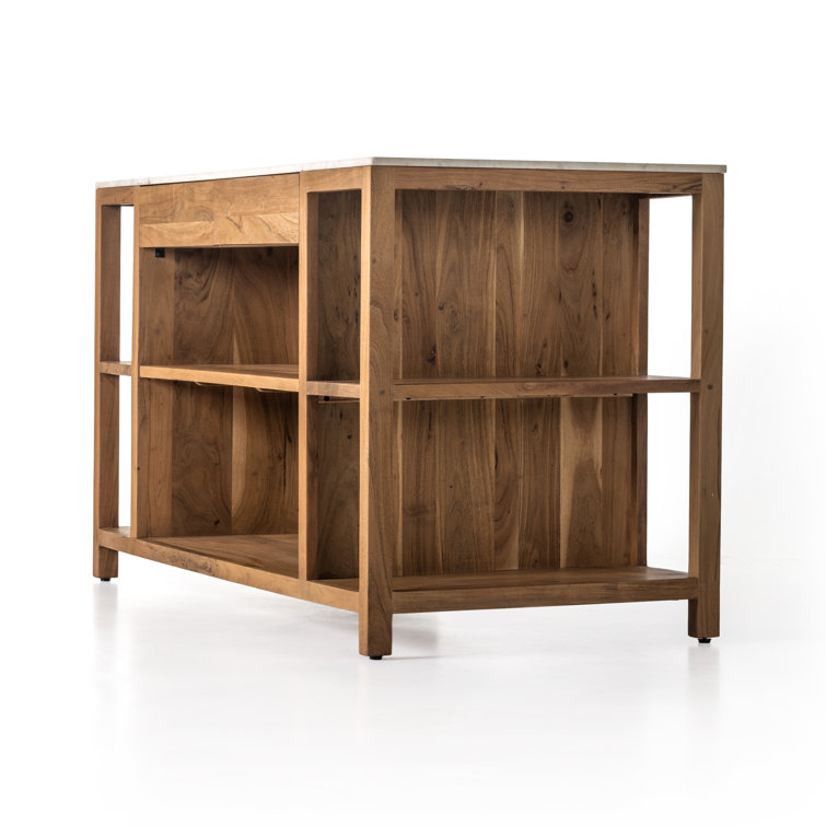Smoked Acacia and White Marble Kitchen Island with Shelves