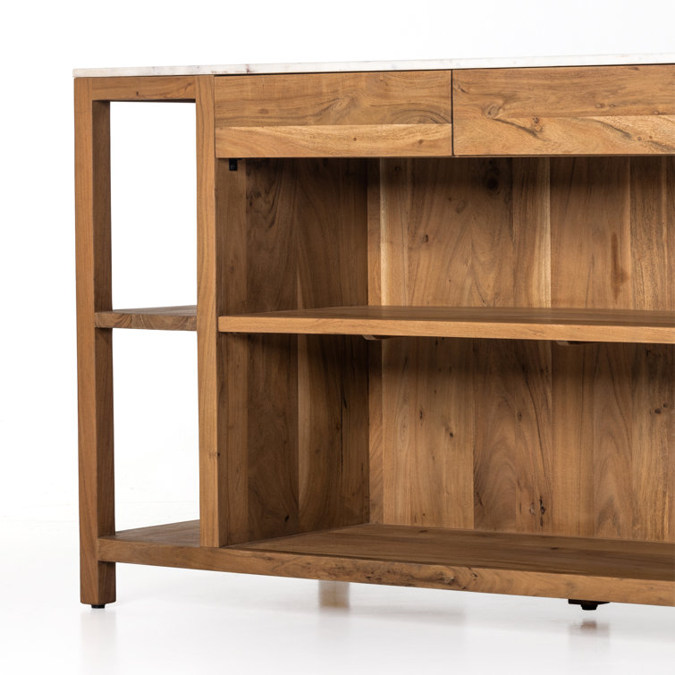 Smoked Acacia and White Marble Kitchen Island with Shelves