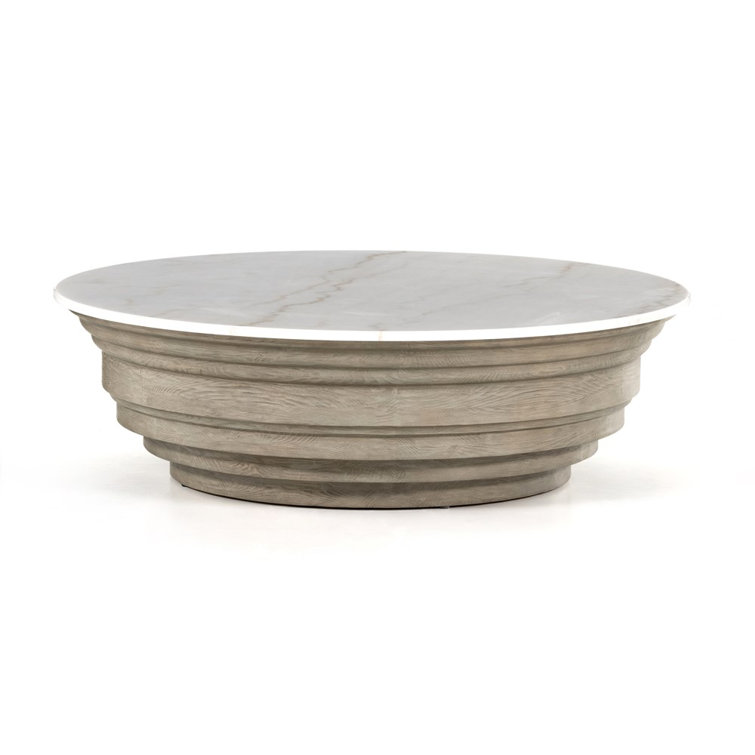 Contemporary Blonde Pine & White Marble Round Coffee Table