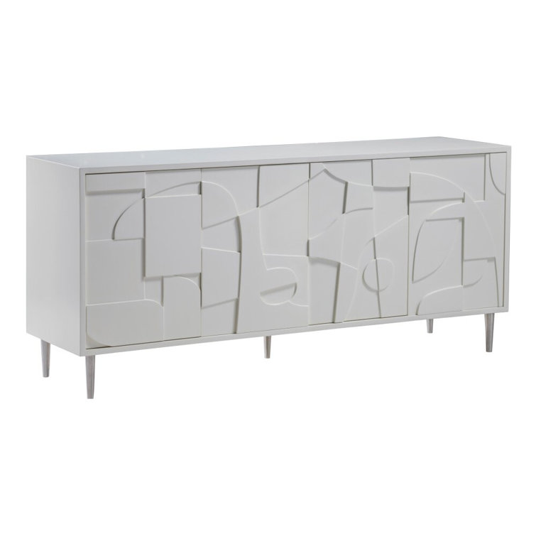 Mid-Century Modern White Media Console with Abstract Relief Carvings