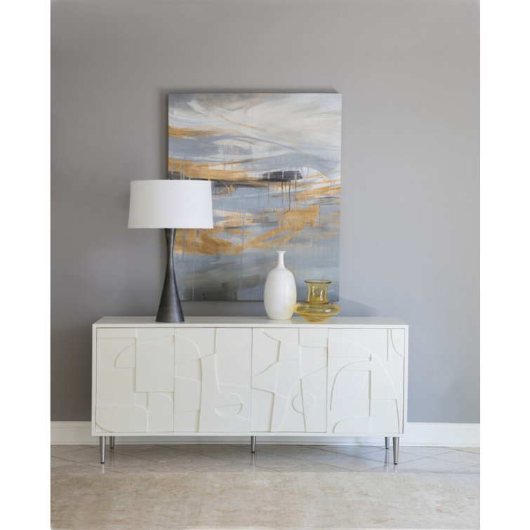 Mid-Century Modern White Media Console with Abstract Relief Carvings