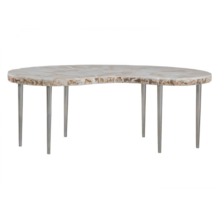 Mid-Century Modern White and Brown Kidney Cocktail Table with Iron Legs