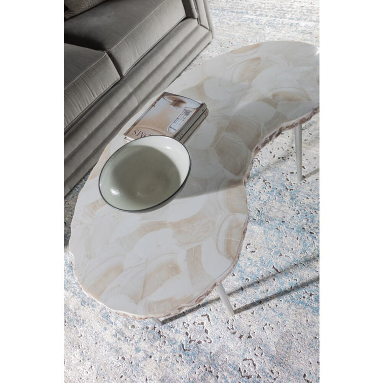 Mid-Century Modern White and Brown Kidney Cocktail Table with Iron Legs