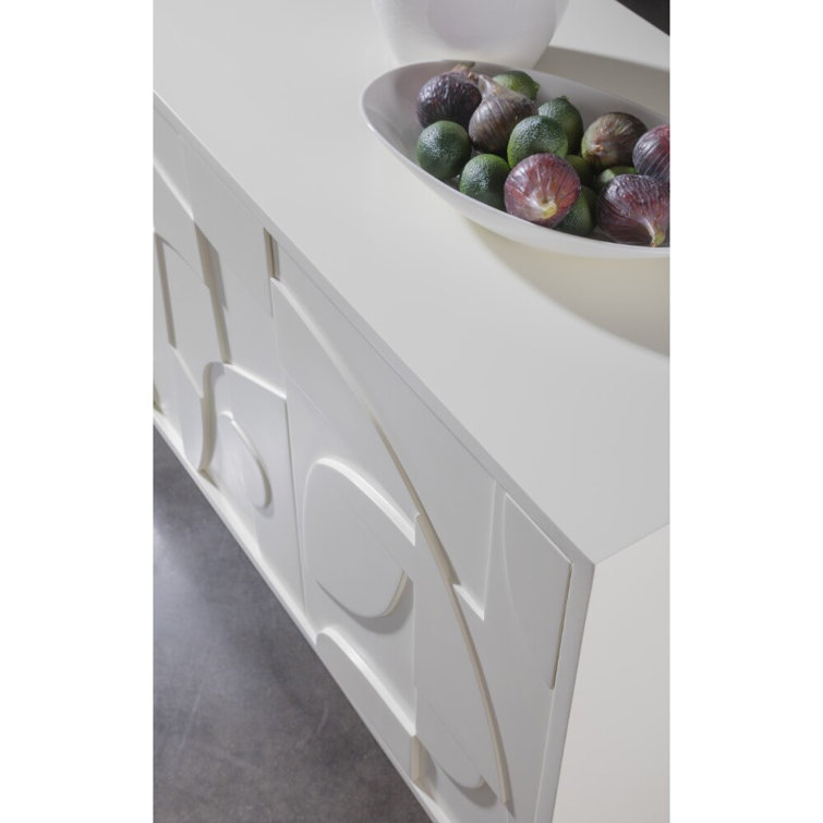 Mid-Century Modern White Media Console with Abstract Relief Carvings