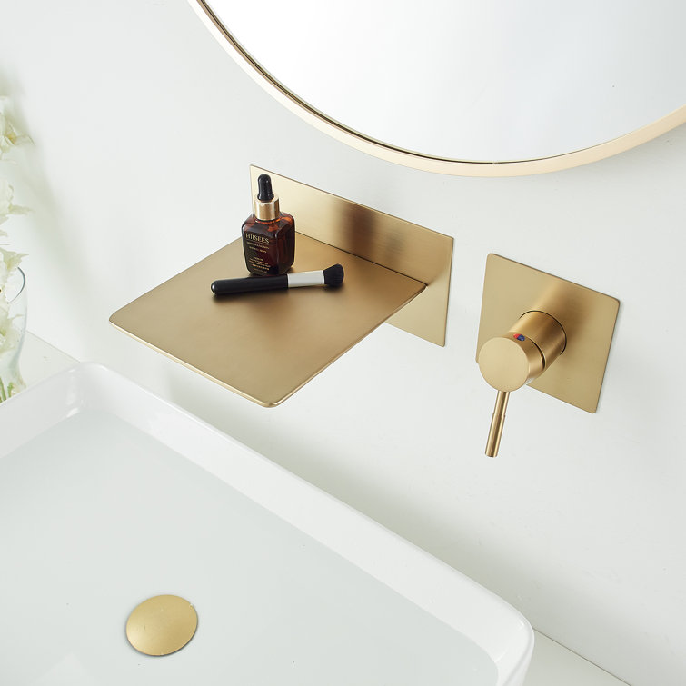 Brushed Gold Wall-Mount Single-Handle Bathroom Faucet with Shelf