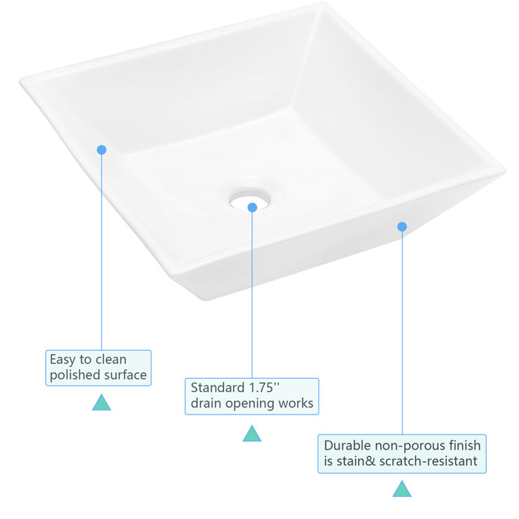16'' White Ceramic Square Bathroom Vessel Sink