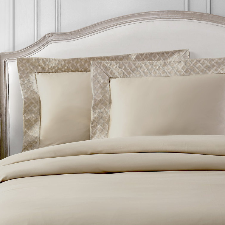 Tan Cotton Sateen Queen Duvet Cover Set with Diamond Embroidery