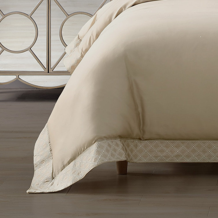 Tan Cotton Sateen Queen Duvet Cover Set with Diamond Embroidery