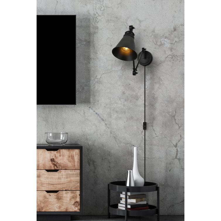 Black Iron Plug-In Swing Arm Sconce with Cone Shade