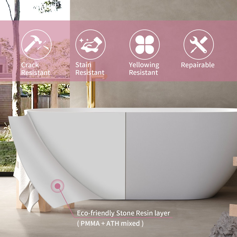 59" White Acrylic Freestanding Soaking Bathtub with Drain