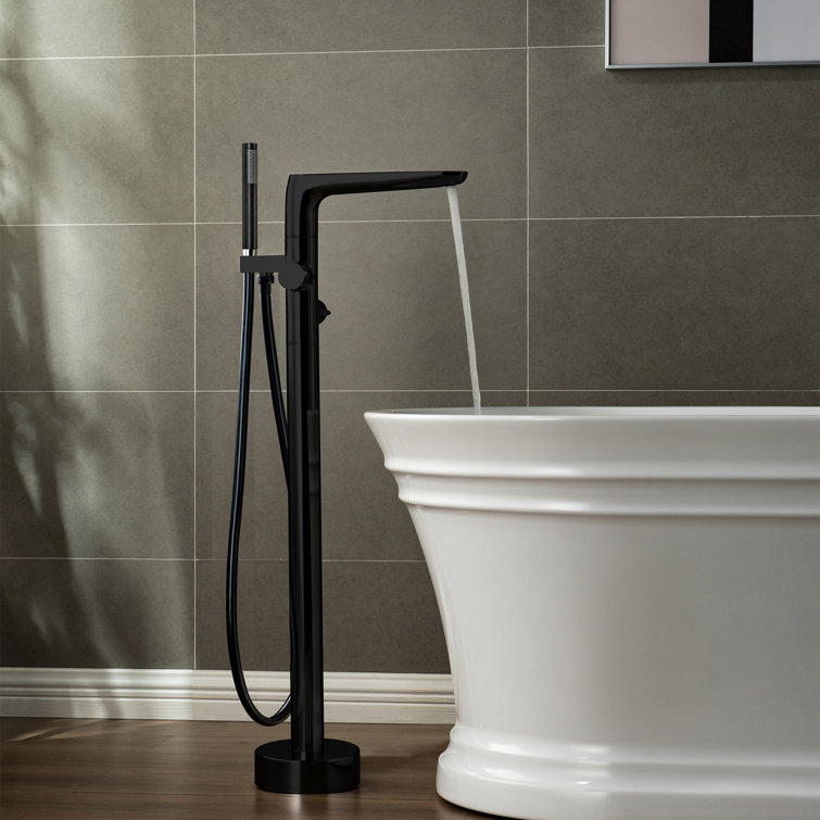 Matte Black Brass Floor Mount Bathtub Faucet with Hand Shower