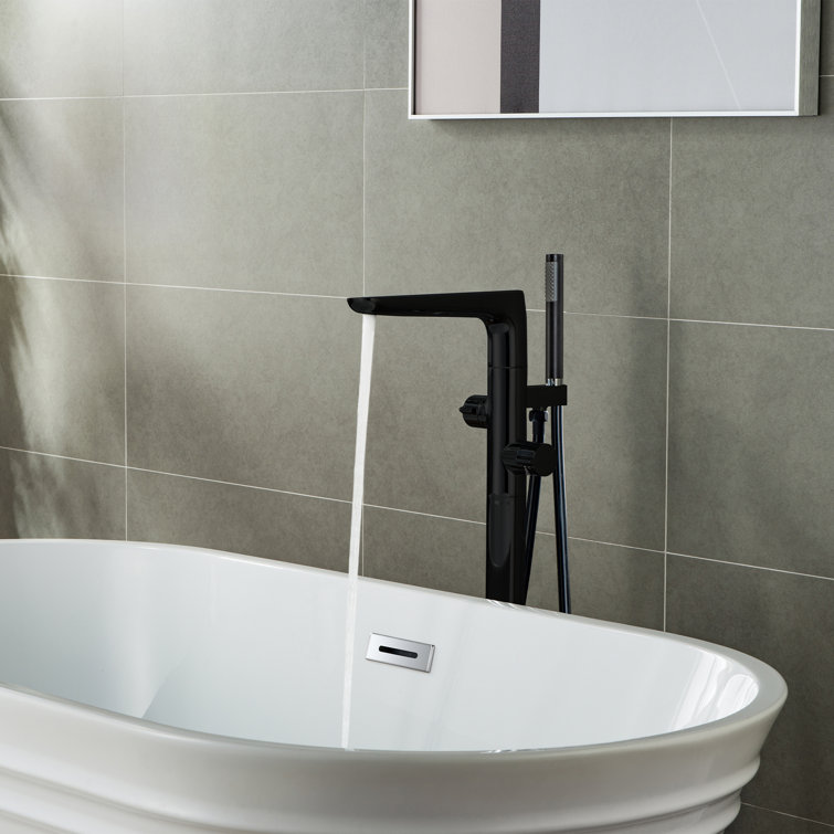 Matte Black Brass Floor Mount Bathtub Faucet with Hand Shower