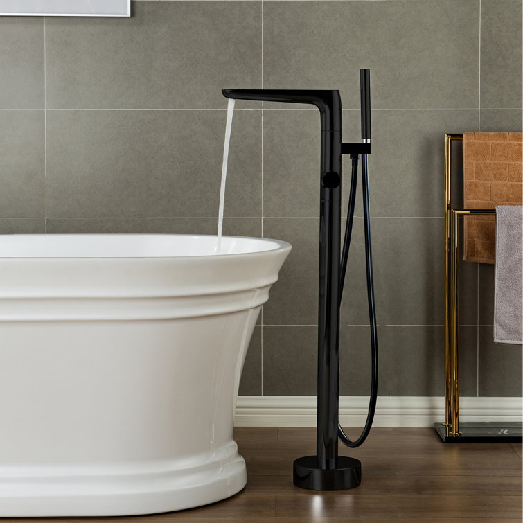 Matte Black Brass Floor Mount Bathtub Faucet with Hand Shower