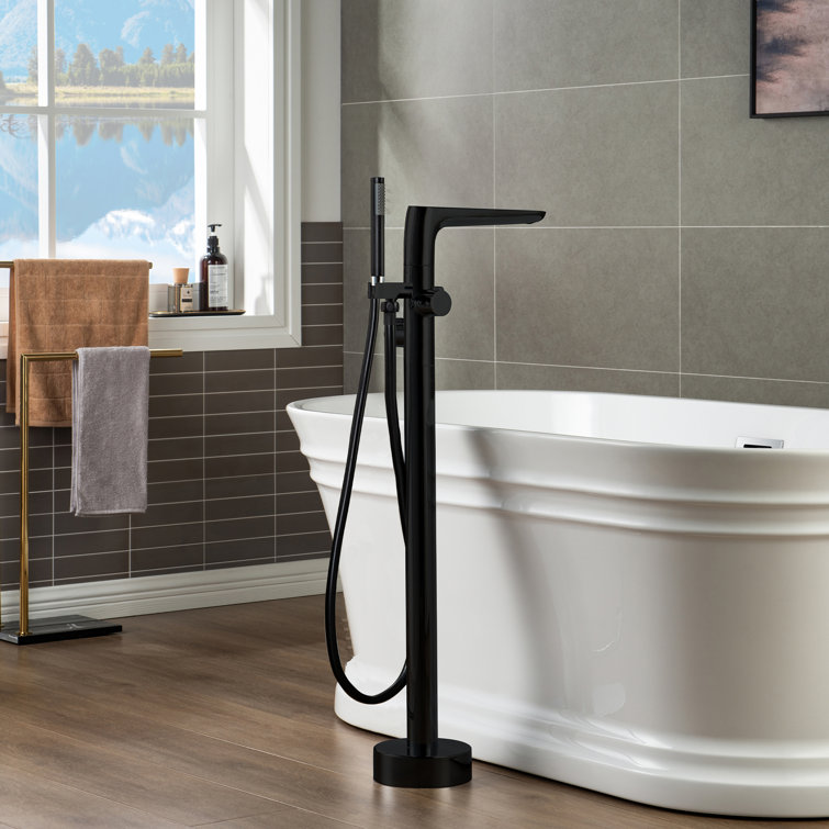 Matte Black Brass Floor Mount Bathtub Faucet with Hand Shower