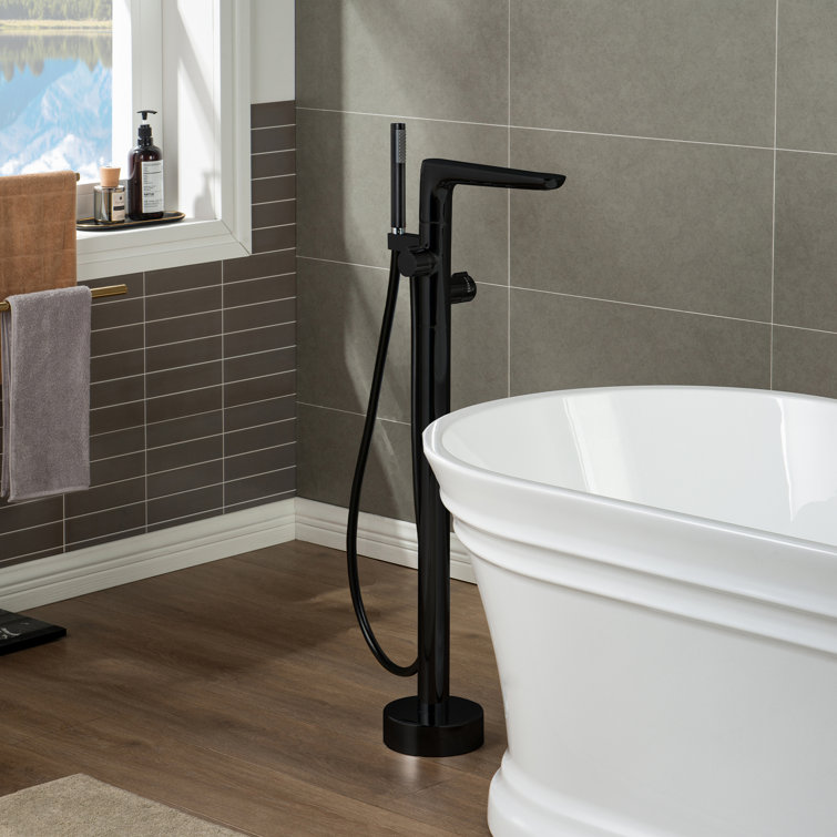 Matte Black Brass Floor Mount Bathtub Faucet with Hand Shower
