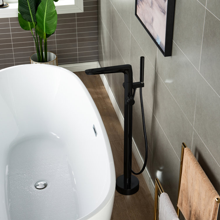 Matte Black Brass Floor Mount Bathtub Faucet with Hand Shower