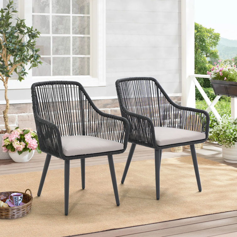 Black Wicker and Metal Outdoor Dining Chairs with Cushions, Set of 2