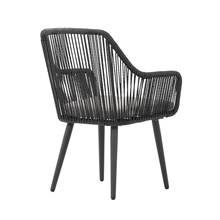 Black Wicker and Metal Outdoor Dining Chairs with Cushions, Set of 2