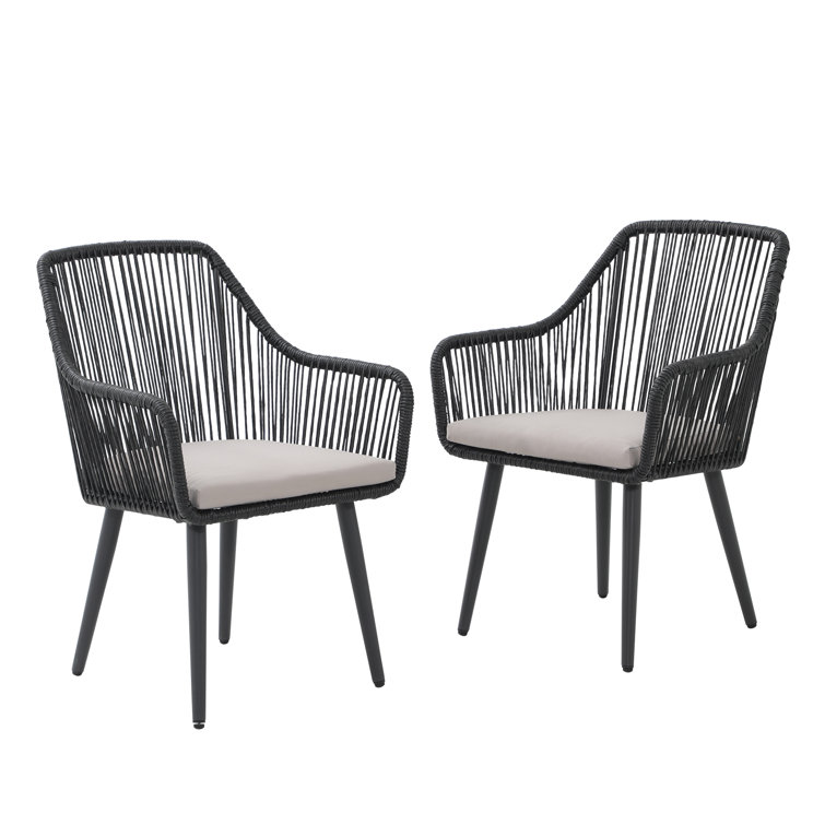 Black Wicker and Metal Outdoor Dining Chairs with Cushions, Set of 2