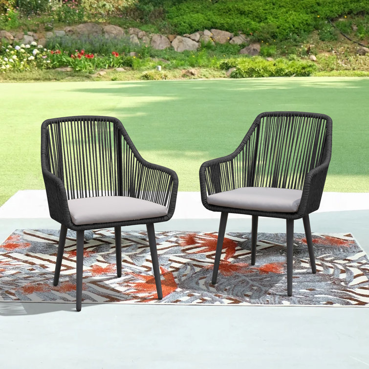 Black Wicker and Metal Outdoor Dining Chairs with Cushions, Set of 2