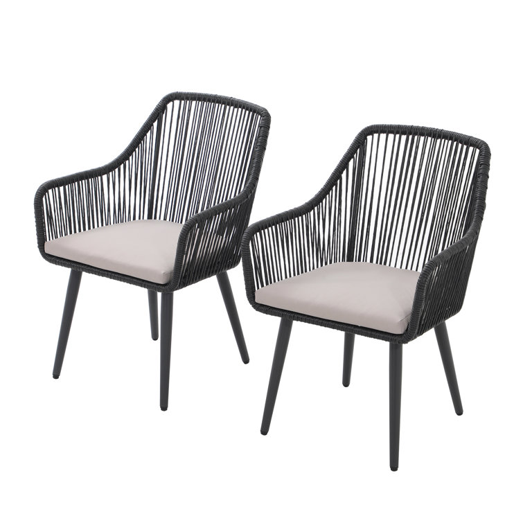 Black Wicker and Metal Outdoor Dining Chairs with Cushions, Set of 2
