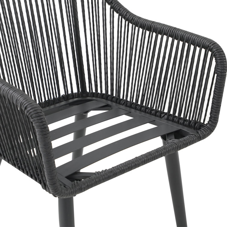 Black Wicker and Metal Outdoor Dining Chairs with Cushions, Set of 2