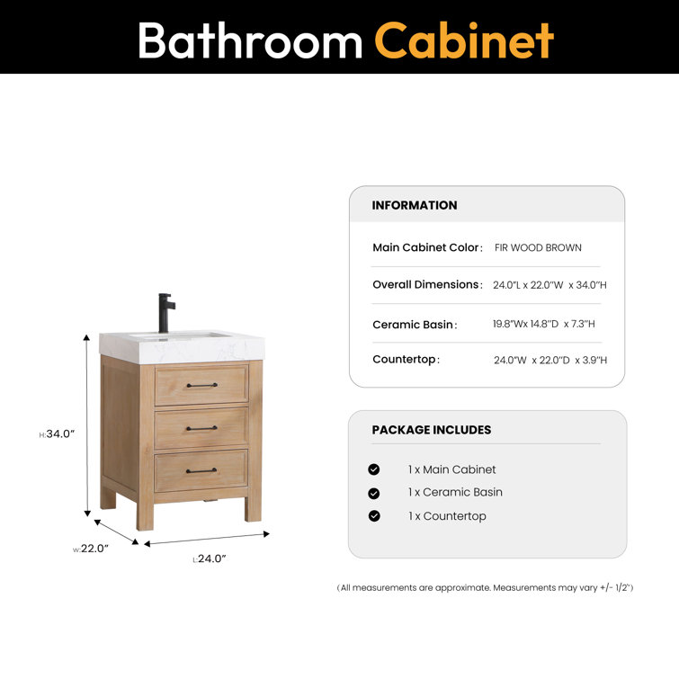 Leon 24" Fir Wood Brown Bathroom Vanity with White Composite Top