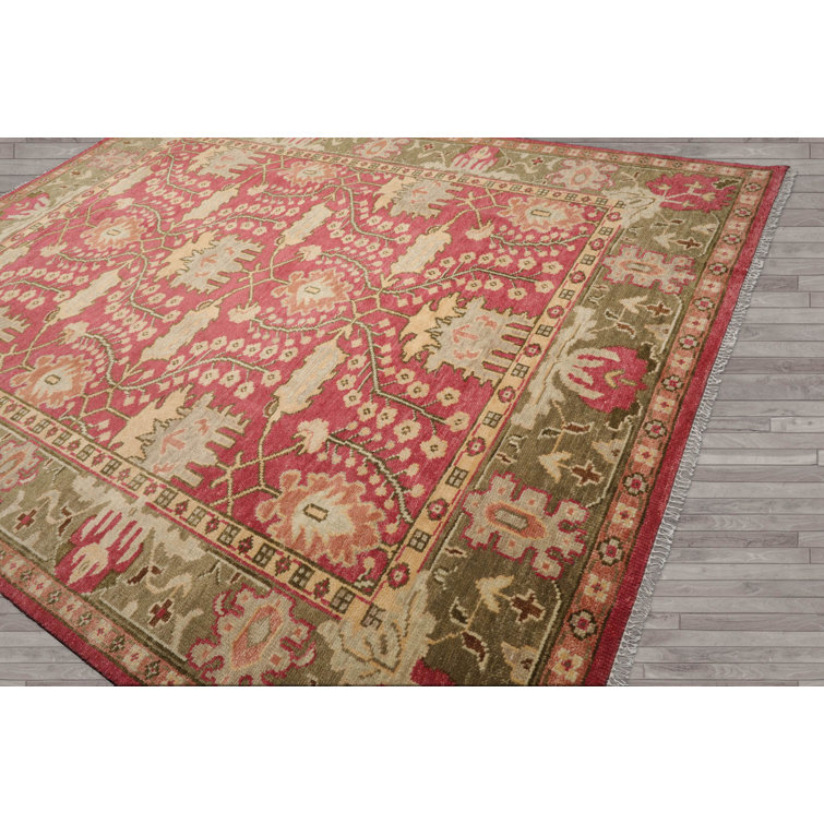 Ivory and Raspberry Hand-Knotted Wool 10' x 14' Oriental Rug