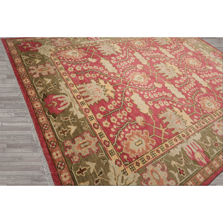 Ivory and Raspberry Hand-Knotted Wool 10' x 14' Oriental Rug