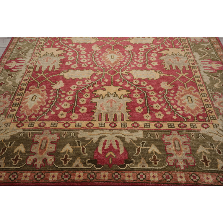 Ivory and Raspberry Hand-Knotted Wool 10' x 14' Oriental Rug