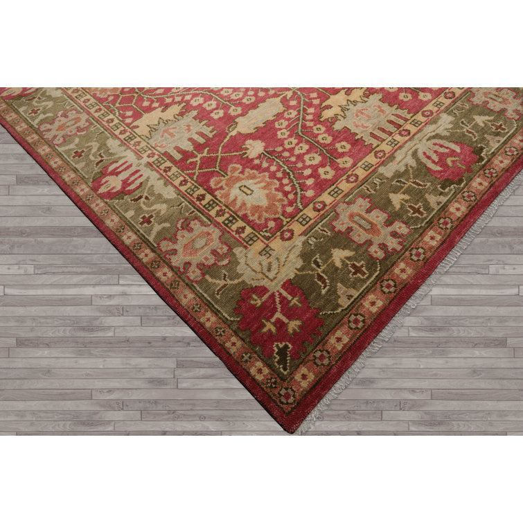 Ivory and Raspberry Hand-Knotted Wool 10' x 14' Oriental Rug