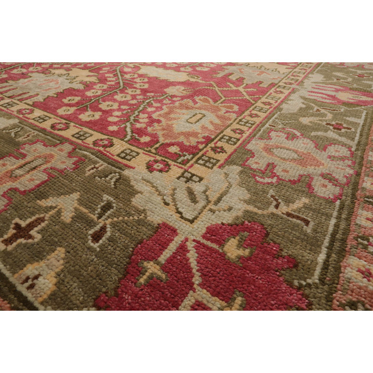 Ivory and Raspberry Hand-Knotted Wool 10' x 14' Oriental Rug