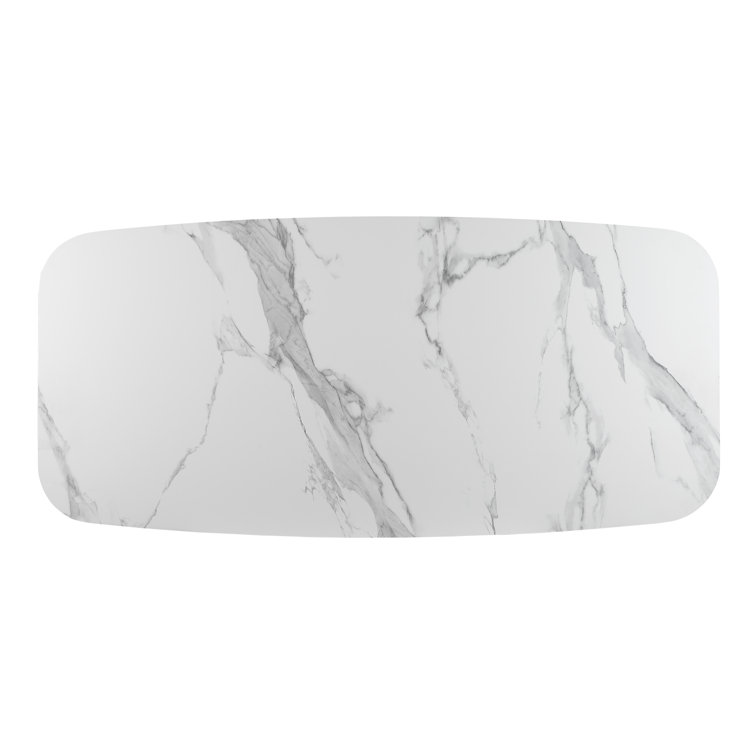 White Marbleized Stone Top Dining Table with Solid Wood Base and Chairs