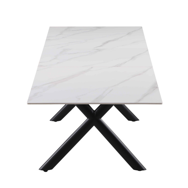 White Stone Top Extendable Dining Table with 4 Gray Upholstered Chairs