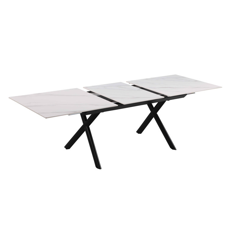 White Stone Top Extendable Dining Table with 4 Gray Upholstered Chairs