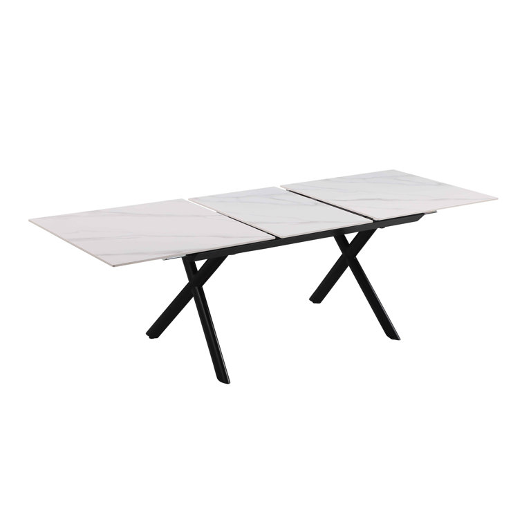 White Stone Top Extendable Dining Table with 4 Gray Upholstered Chairs