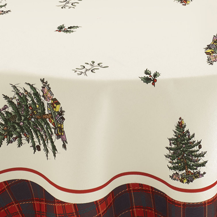 Holiday Christmas Tree Tartan Round Fabric Tablecloth