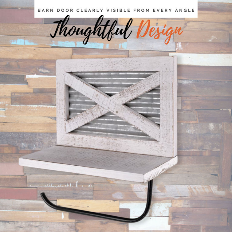 White Wood and Metal Farmhouse Toilet Paper Holder with Shelf