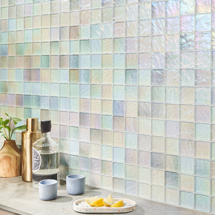 Shallows 12" White Iridescent Glass Mosaic Wall Tile