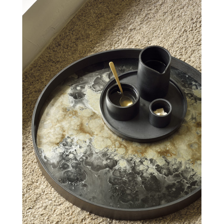 Hand-Finished Round Dark Wood and Glass Tray