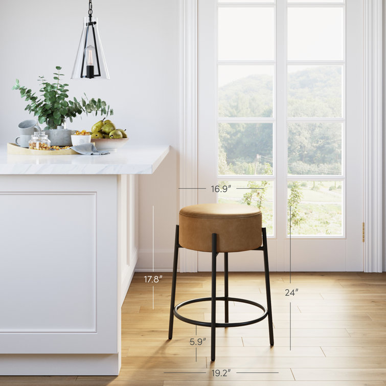 Light Brown Faux Leather Backless Counter Stools with Black Metal Frame
