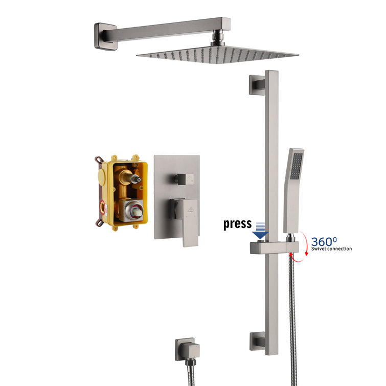 Brushed Nickel Wall-Mounted Square Rain Shower System with Handheld Spray